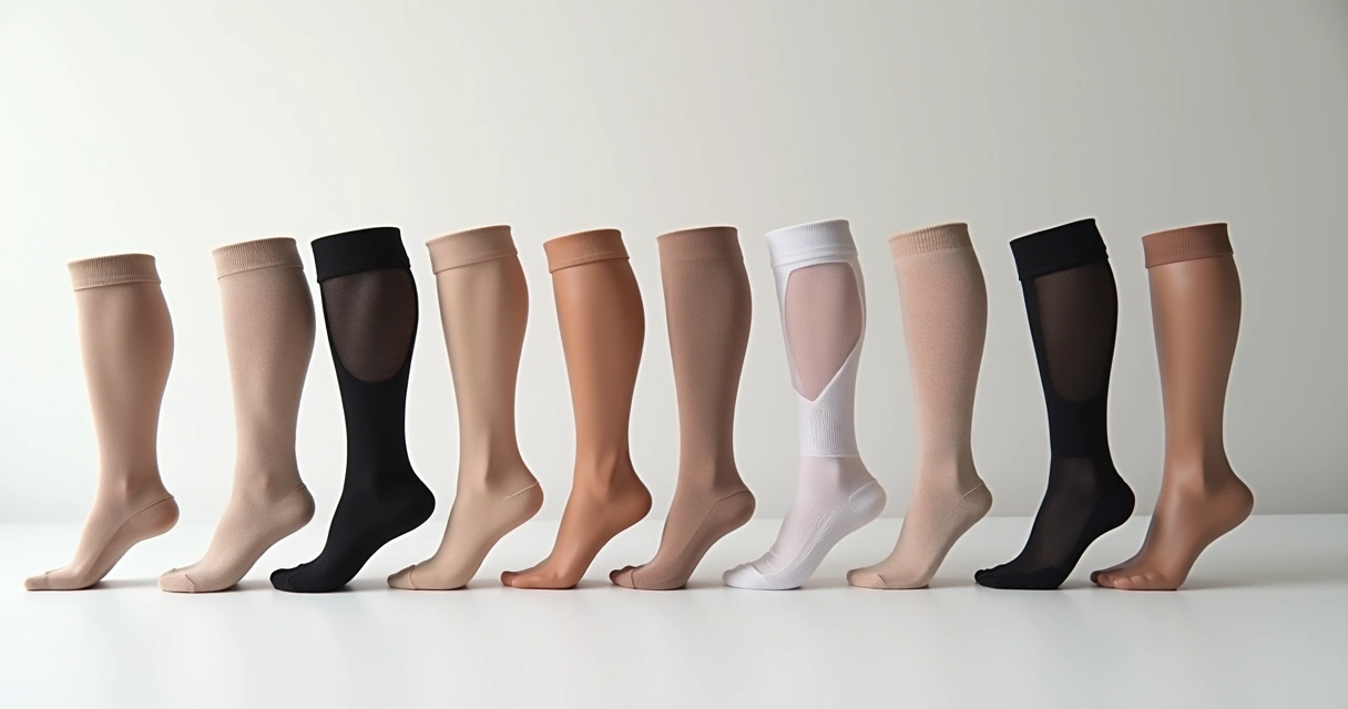 Diversos tipos de meias de compressão alinhadas conforme comprimento e ponteira 