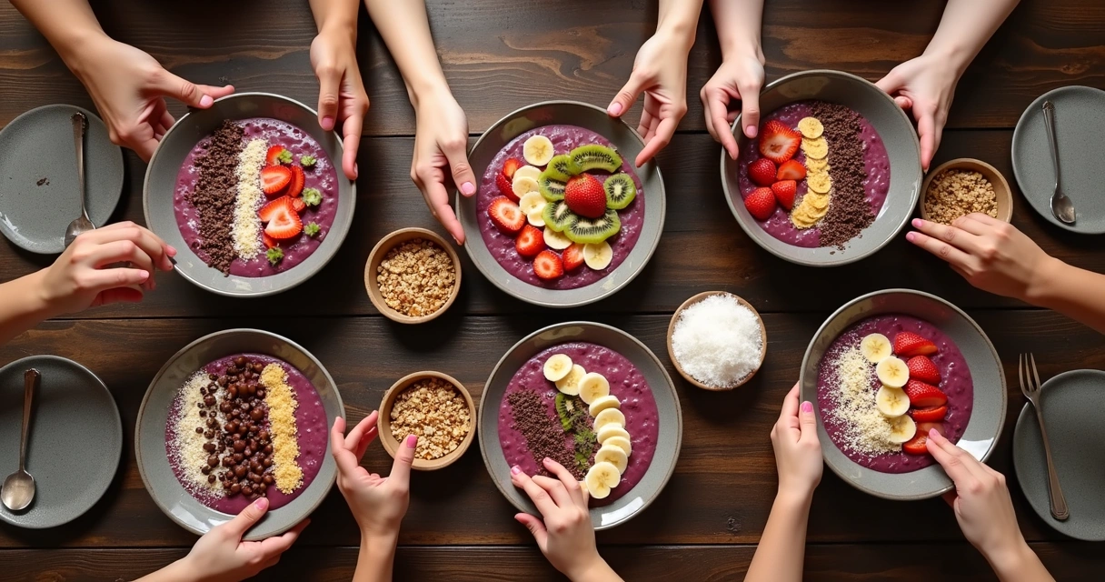 Mesa grande com várias opções de açaí e toppings. 
