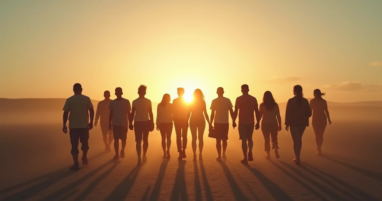 Grupo de pessoas caminhando juntas em direção à luz, transmitindo união