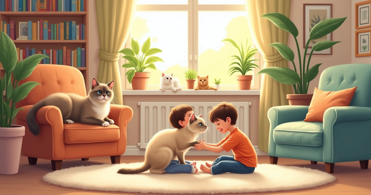 Várias raças de gatos em sala de estar, com gato Siamês brincando e Maine Coon relaxando no peitoril da janela.