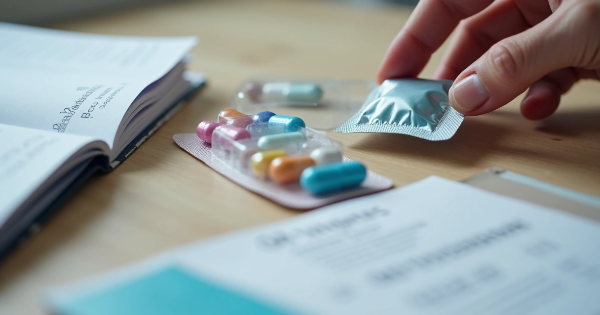 Pílulas coloridas de PrEP, preservativo e carteirinha de vacinação juntos