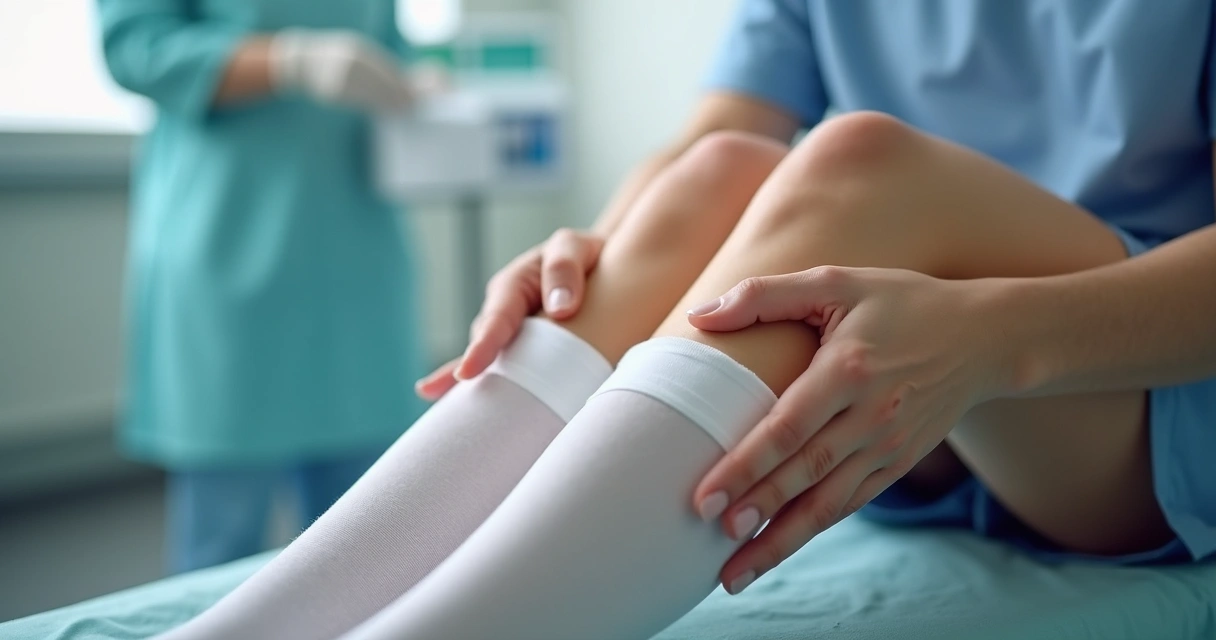 Close-up of a patient's legs showing varicose veins with a medical professional applying compression stockings 