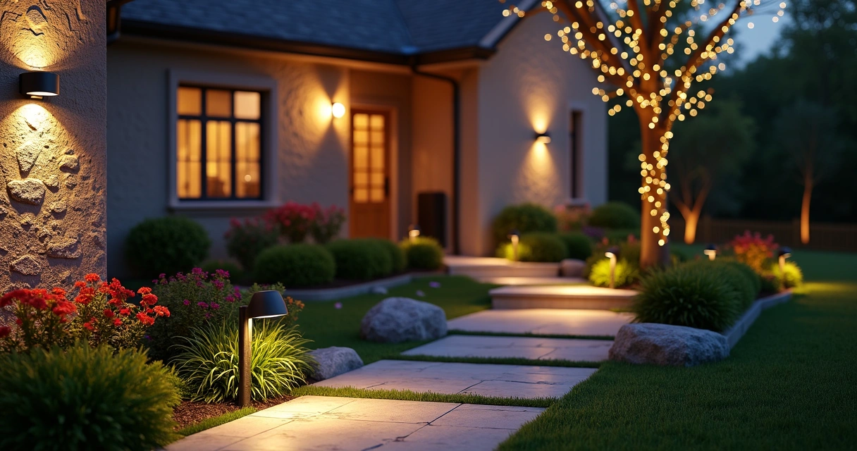 Array of different outdoor lighting fixtures in garden 