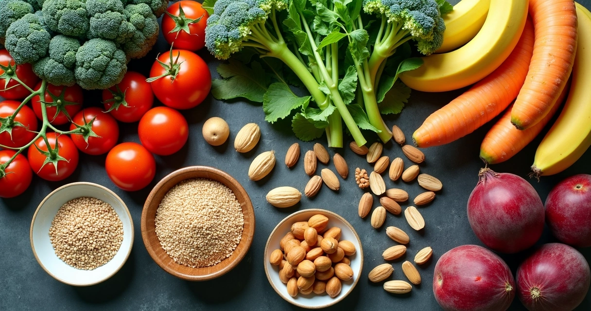 Vários vegetais, frutas e alimentos naturais dispostos juntos 