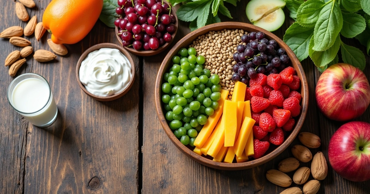 Frutas, sementes e vegetais frescos sobre mesa de madeira 