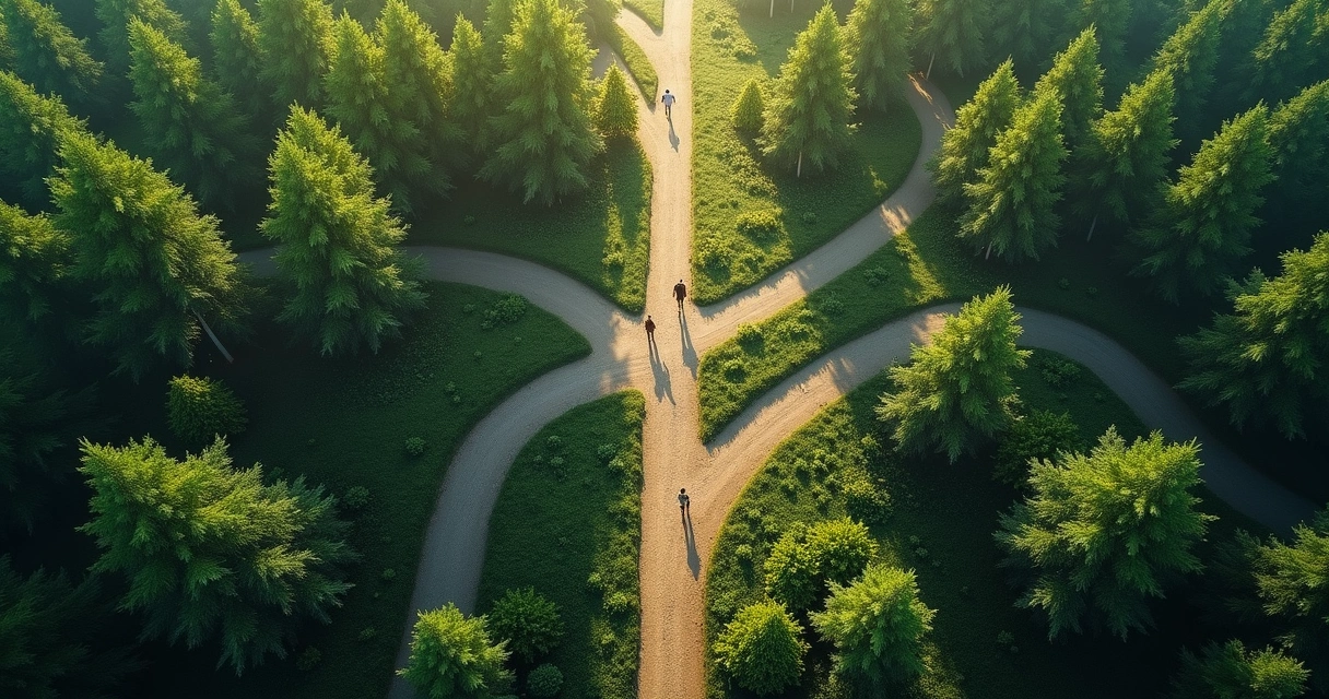 Diversos caminhos diferentes se separando em uma floresta vista de cima, com pessoas caminhando em cada um 