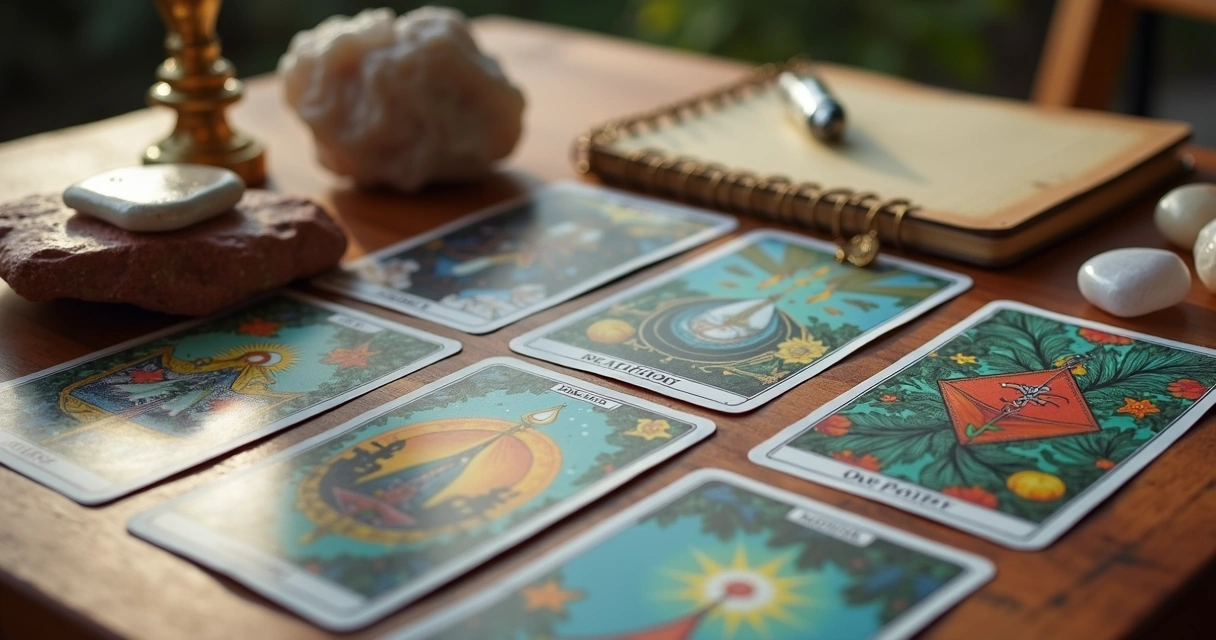 Várias cartas de tarot e cristais sobre mesa, sugerindo diferentes tipos de leitura 