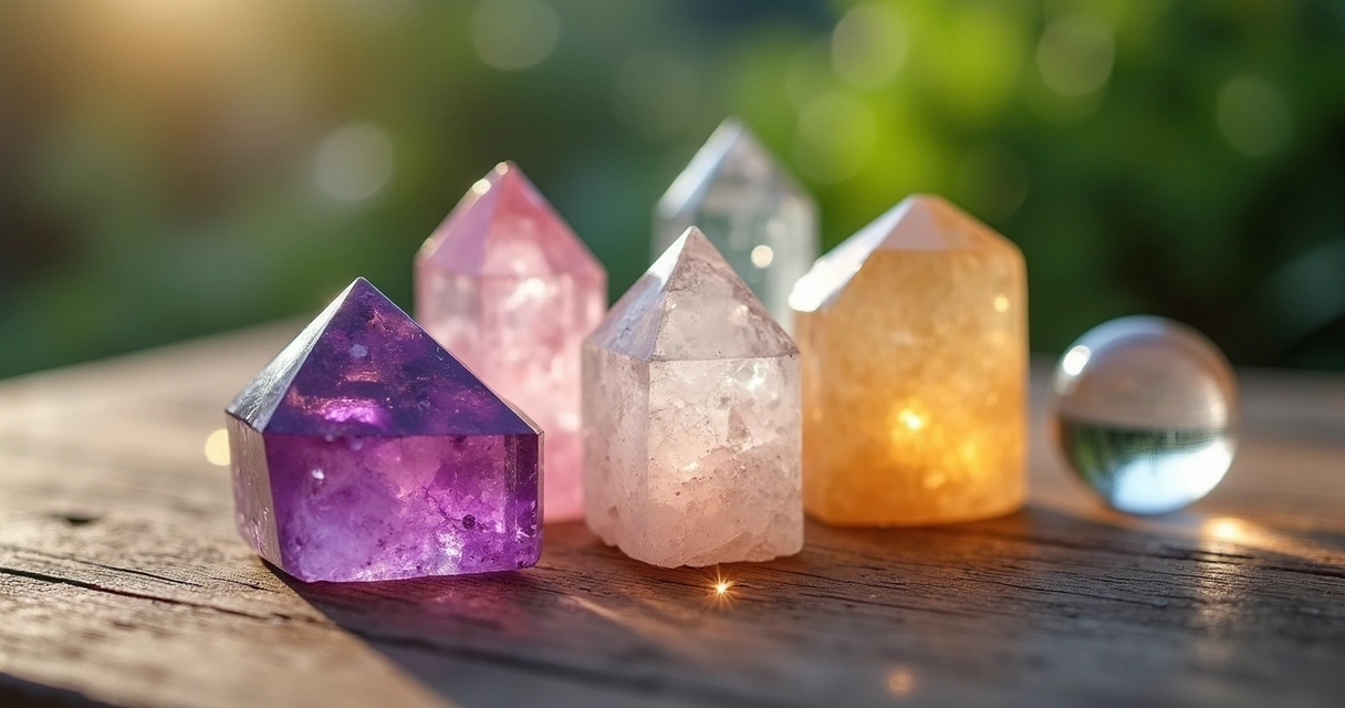 Mesa com vários cristais coloridos organizados para rituais espirituais, iluminados por luz natural suave 