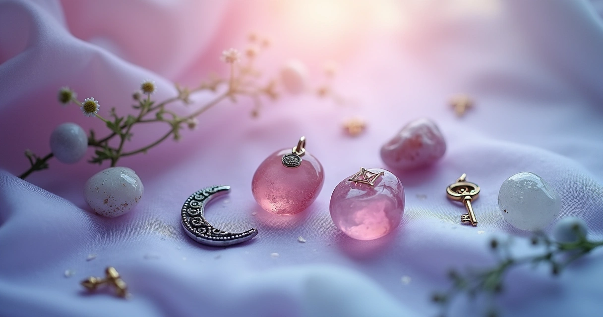 Variedade de amuletos sobre um pano suave, incluindo quartzo rosa, lua prateada, e uma chave dourada.