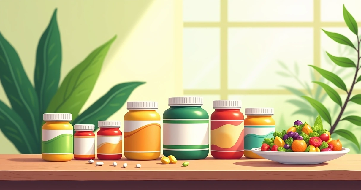 Variedade de suplementos em potes coloridos sobre uma mesa de madeira, com fundo de vegetais saudáveis.