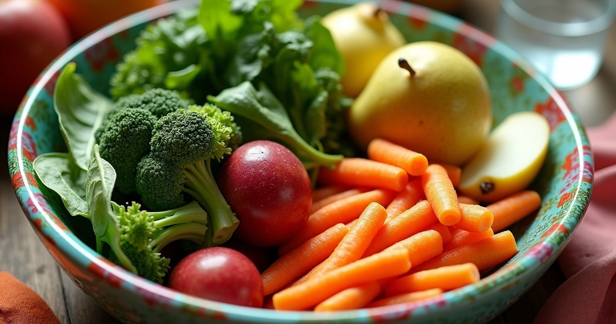 Prato colorido com legumes crus e frutas com casca 