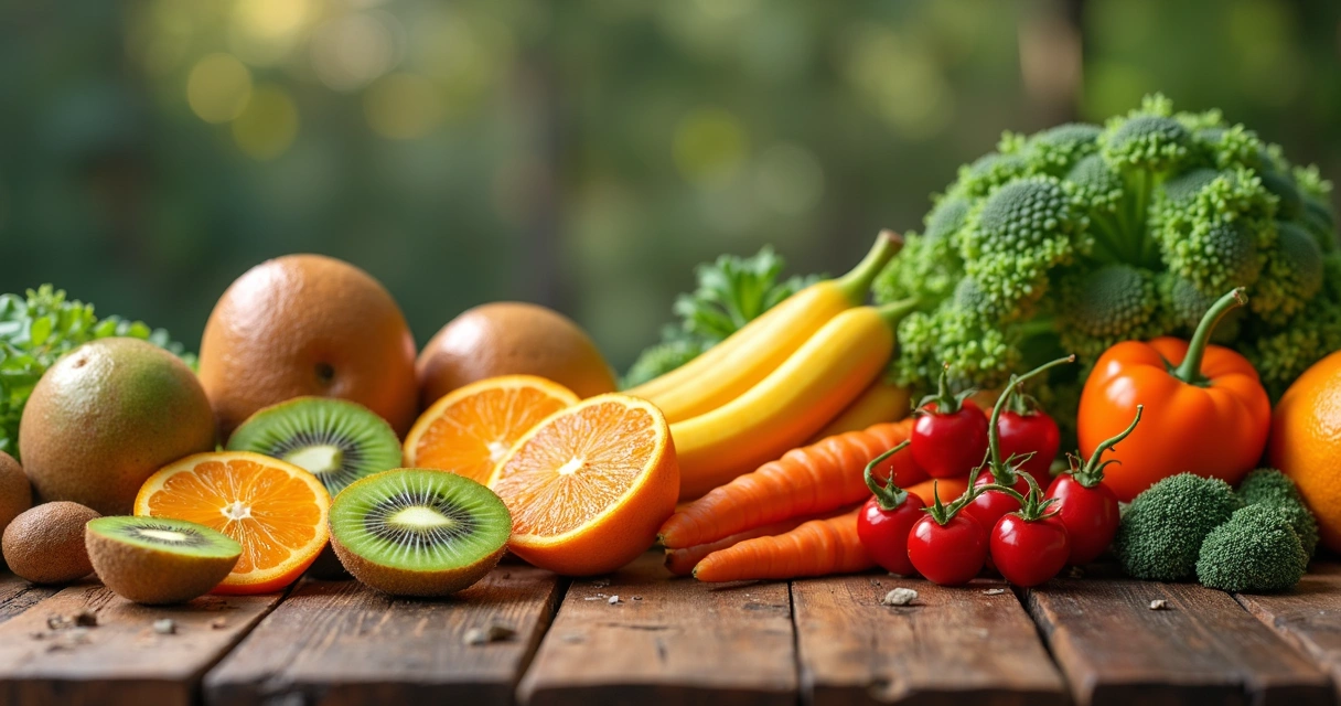 Variedade de frutas cítricas e vegetais ricos em vitamina C alinhados em mesa de madeira 