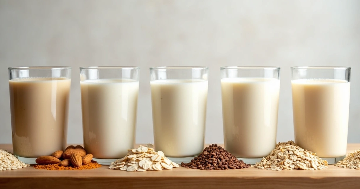 Diversos tipos de leites vegetais em copos transparentes 