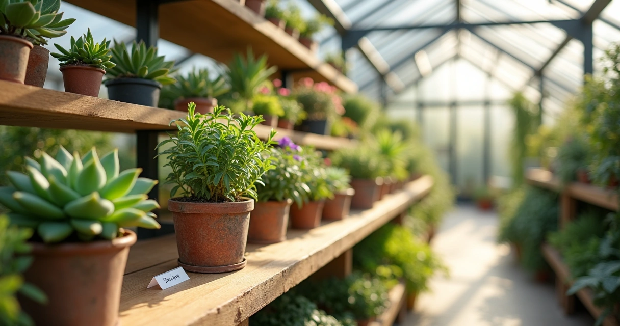Diversas plantas ornamentais em vaso alinhadas em prateleiras 