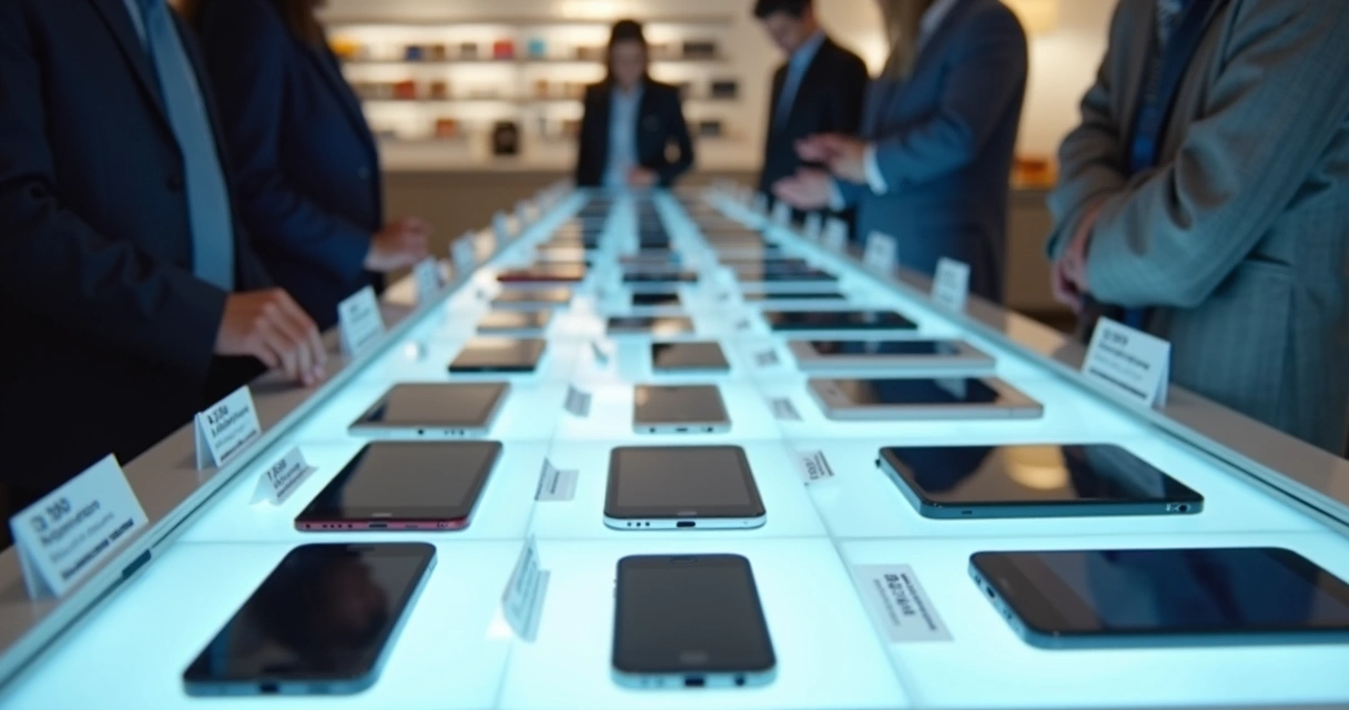 Vários modelos de celulares exibidos em uma vitrine de loja, com etiquetas de preços diferentes
