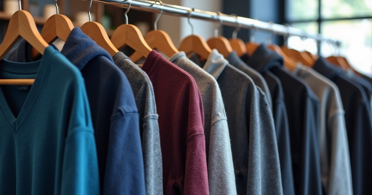 Diferentes camisetas masculinas de inverno em uma arara