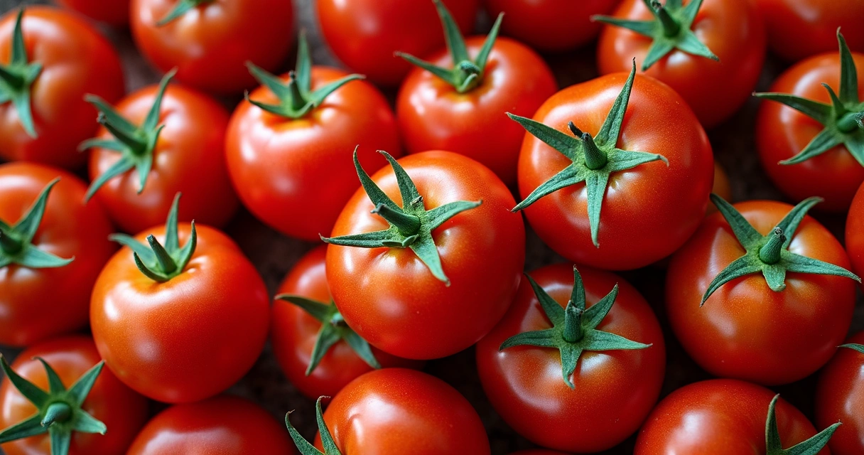 Vários tipos de tomates frescos com etiquetas mostrando diferentes pesos médios em gramas 