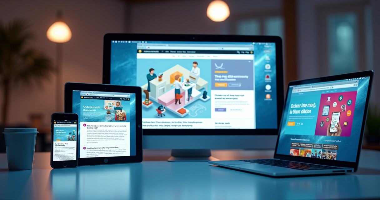 Dispositivos mostrando diferentes canais de conteúdo digital 