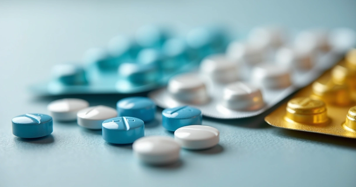 Comprimidos coloridos de diferentes formatos em fundo neutro, sugerindo variedade de medicamentos para disfunção erétil 