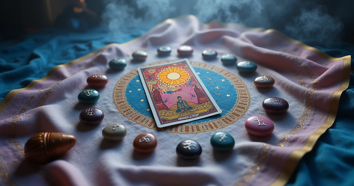 Vários oráculos incluindo cartas de tarot, pedras rúnicas e búzios em um ambiente etéreo e místico.