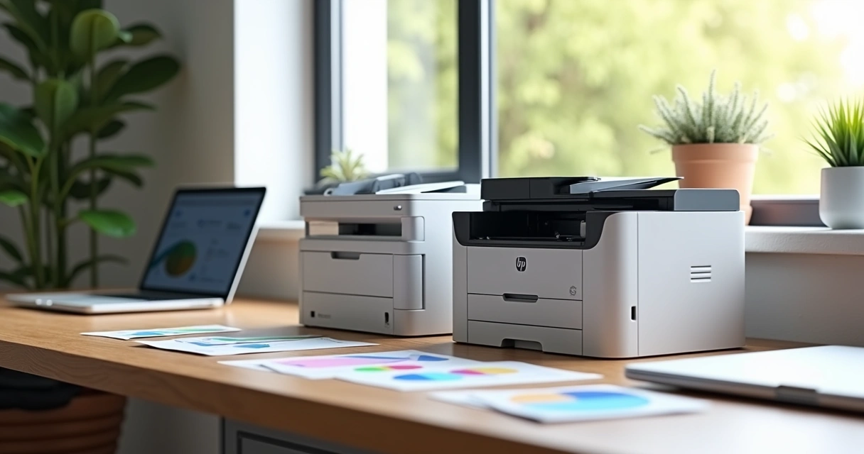 Impressoras de diferentes tipos lado a lado em uma mesa de escritório 