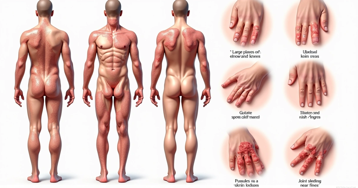 Representação dos diferentes tipos de psoríase no corpo humano 
