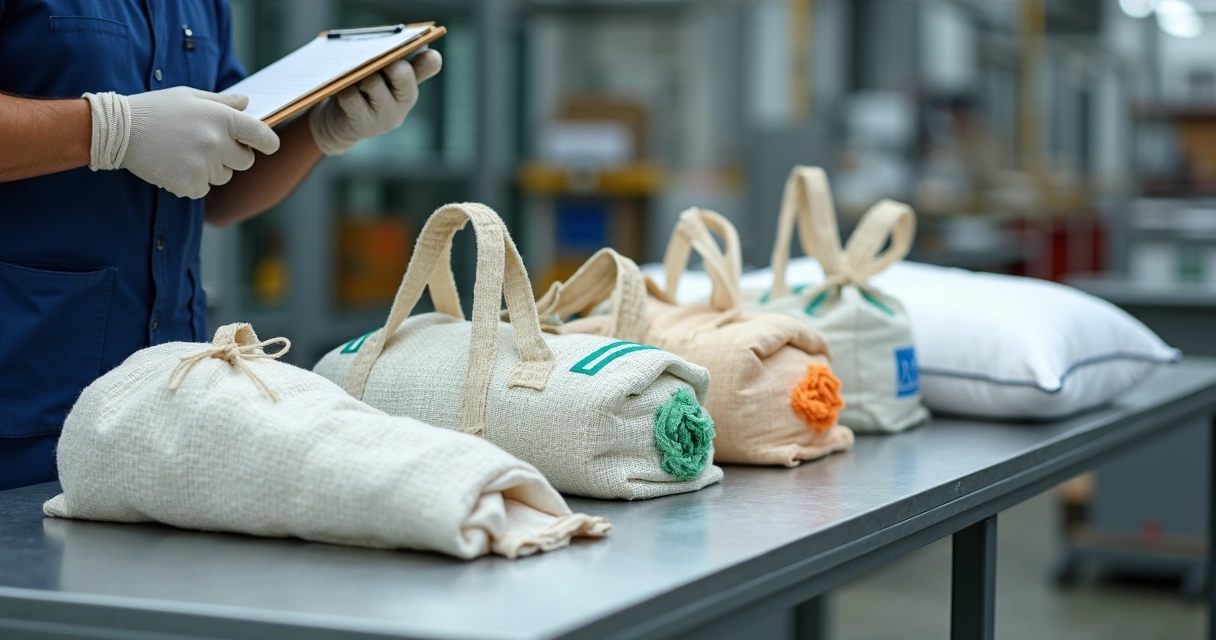 Diferentes tipos de saco de ráfia dispostos em mesa de inspeção industrial 