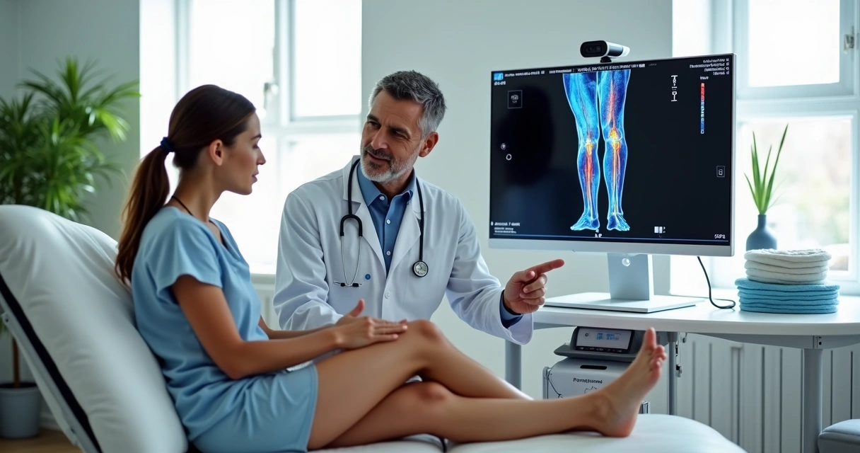 Médico vascular mostrando ultrassom de veias das pernas para paciente em consultório moderno 