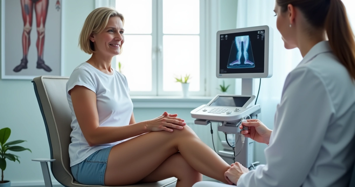 Mulher sentada em consultório mostrando varizes nas pernas ao médico vascular 