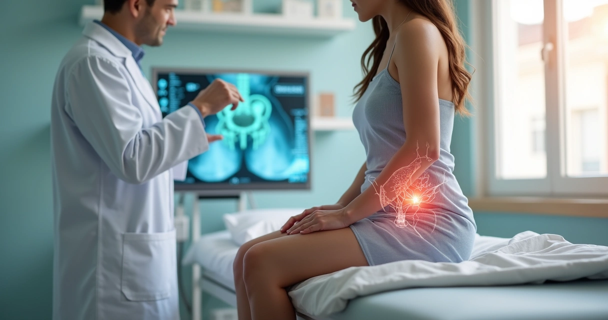 Mulher em consulta médica com ilustração transparente da pelve destacando varizes internas 