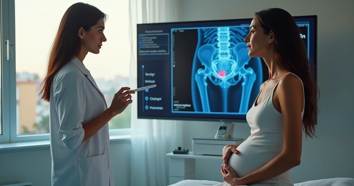 Médica vascular mostrando no monitor imagem de varizes pélvicas para paciente em consultório 