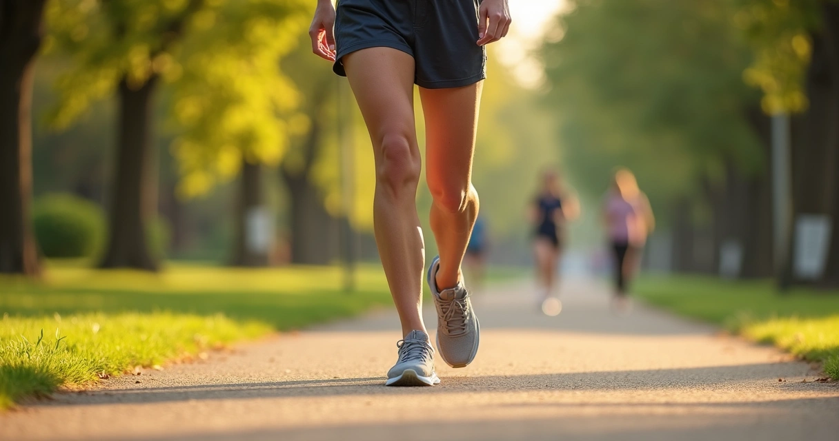 Pessoa caminhando em parque com destaque para pernas com varizes discretas 
