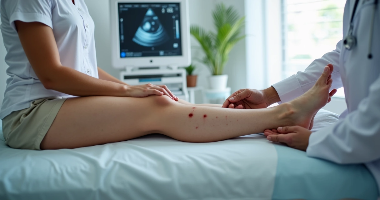 Pernas com varizes visíveis em avaliação vascular 