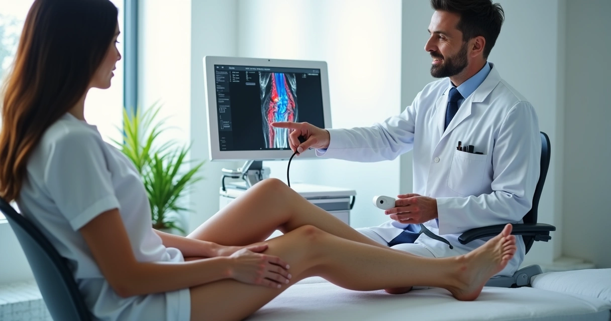 Mulher mostrando varizes nas pernas em consulta com cirurgião vascular 