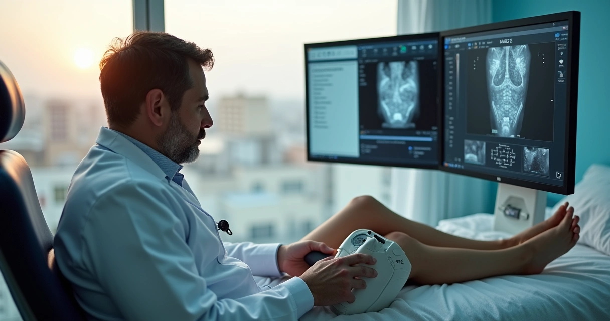 Angiologista em Salvador analisando ultrassom vascular das pernas de paciente 