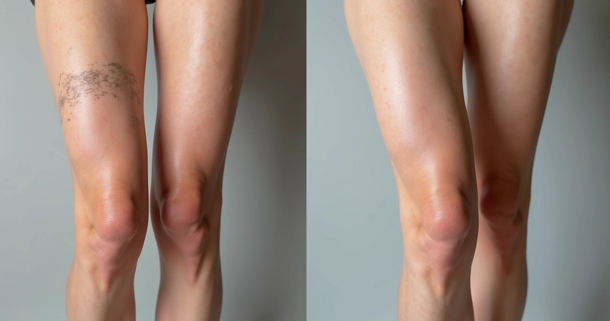Comparação de pernas com vasinhos antes e depois do tratamento de escleroterapia 