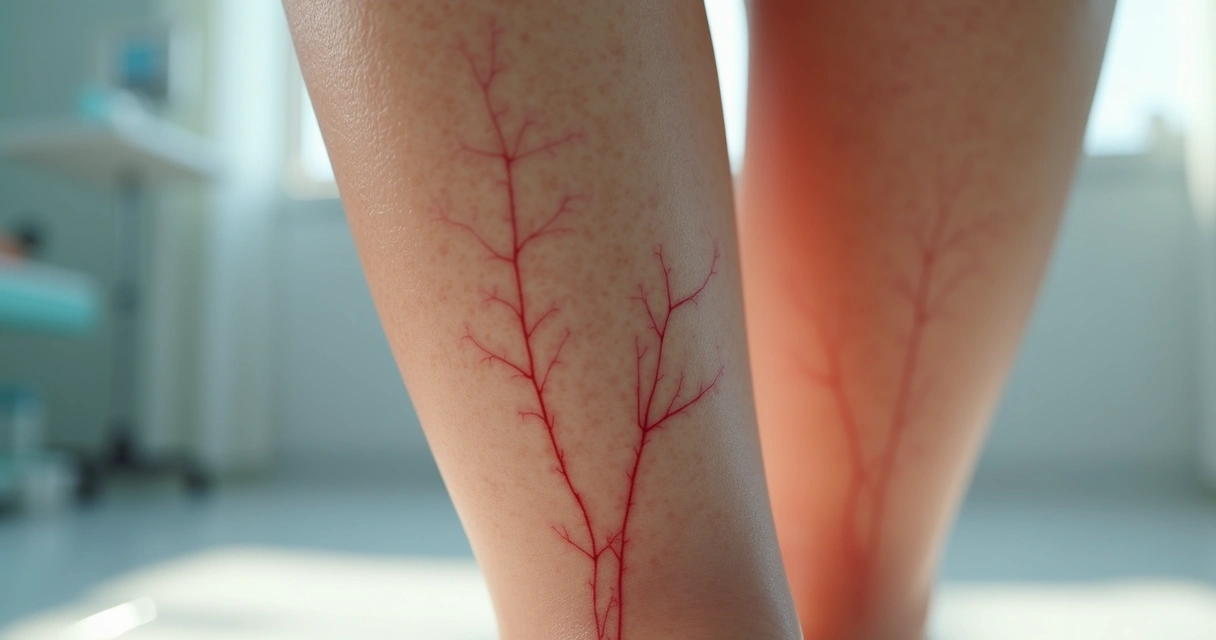 Close-up de pernas femininas mostrando vasinhos visíveis em ambiente clínico iluminado 