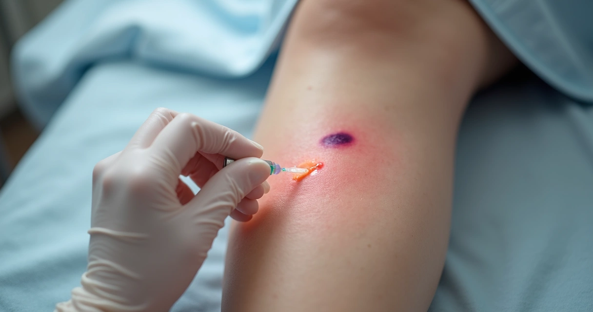 Aplicação de escleroterapia com seringa em perna com vasinhos