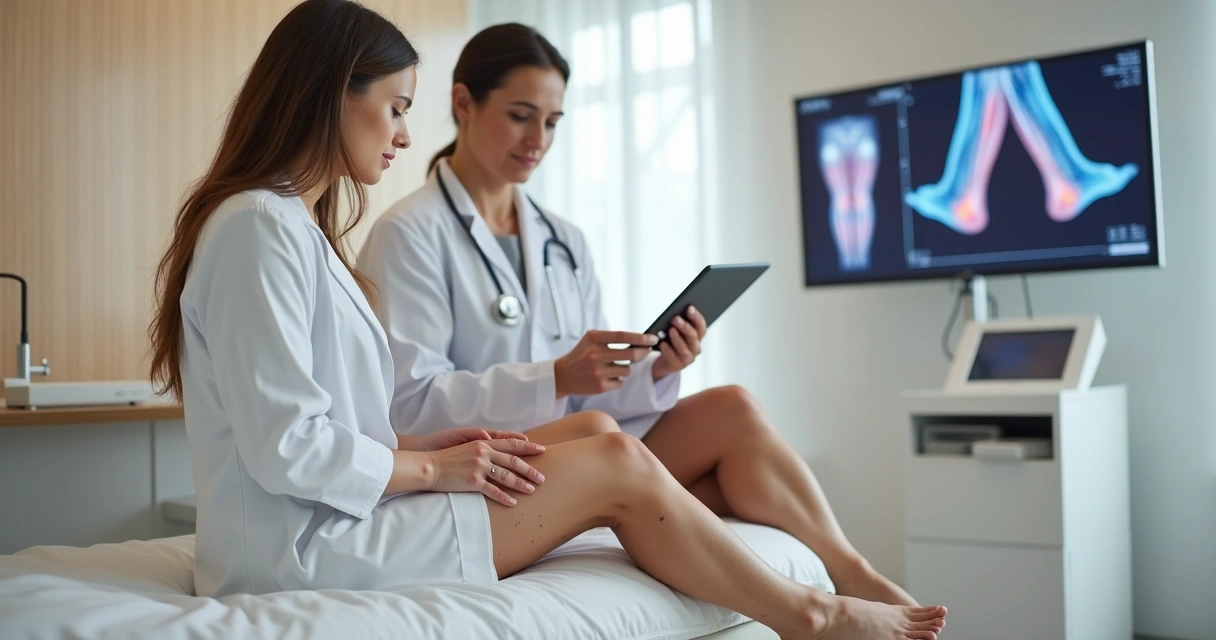 Mulher observando vasinhos discretos nas pernas enquanto recebe orientação de cirurgião vascular em clínica moderna 