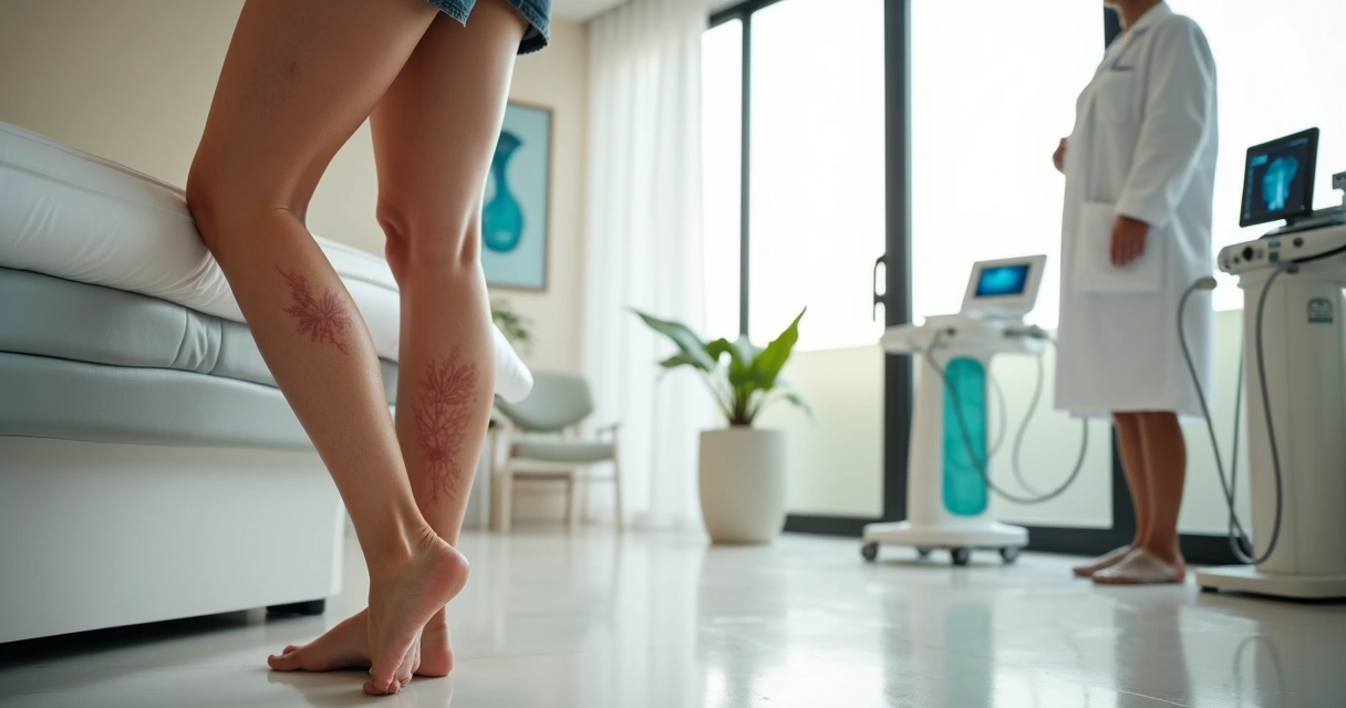 Close-up de pernas com vasinhos sutis em clínica vascular moderna 