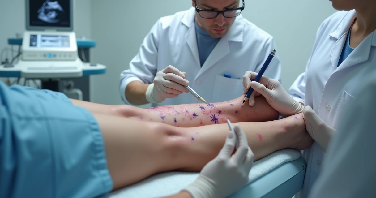 Avaliação médica das pernas com marcações de vasinhos 