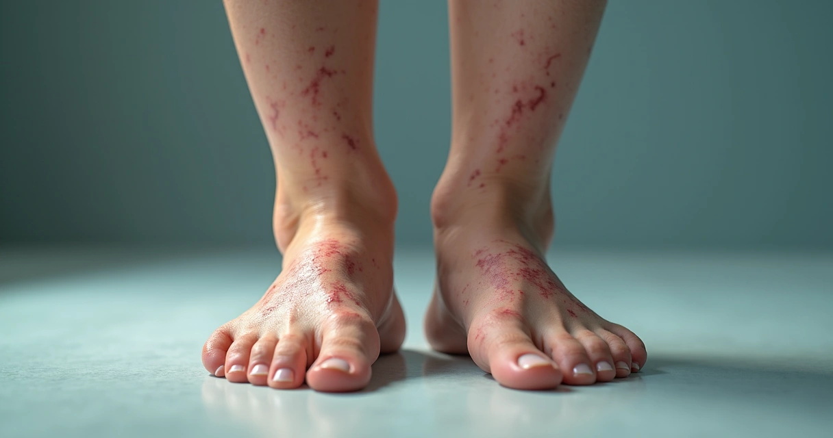 Pequenos vasinhos azulados e avermelhados visíveis na pele da perna 