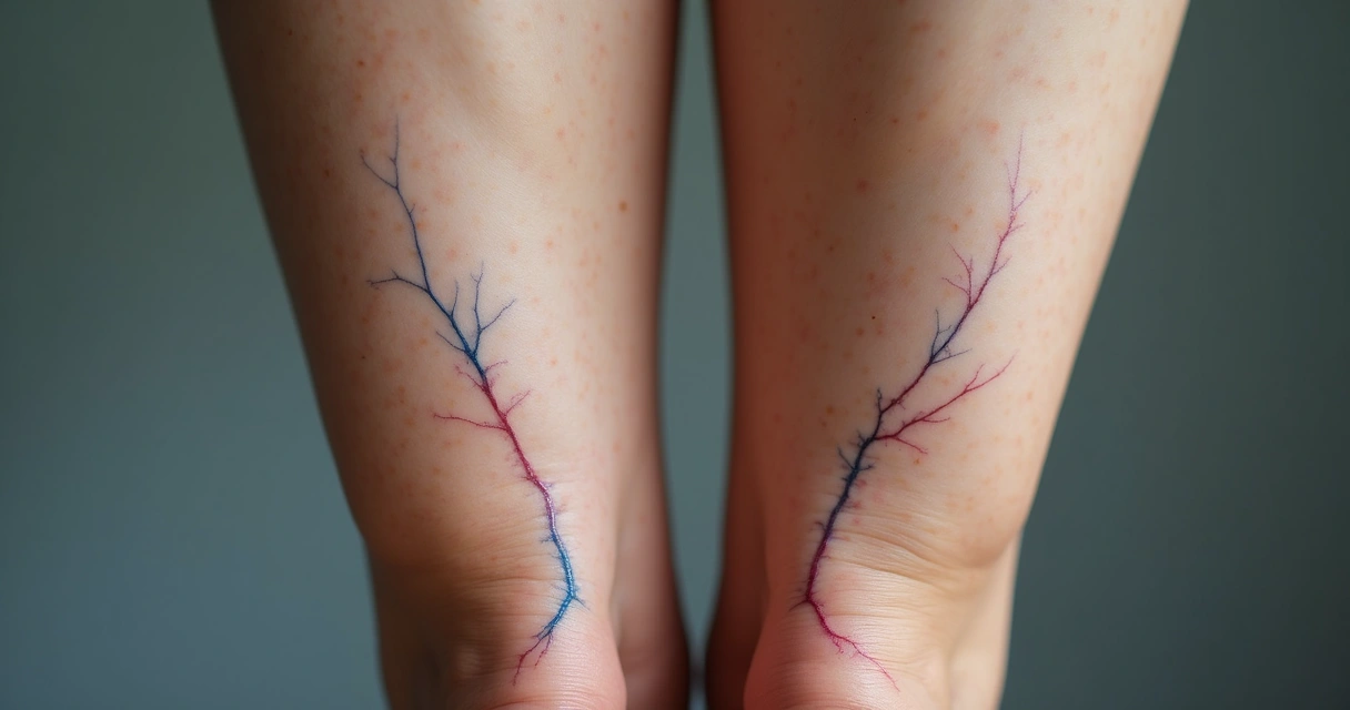 Detalhe de perna com vasinhos azulados e avermelhados na pele 