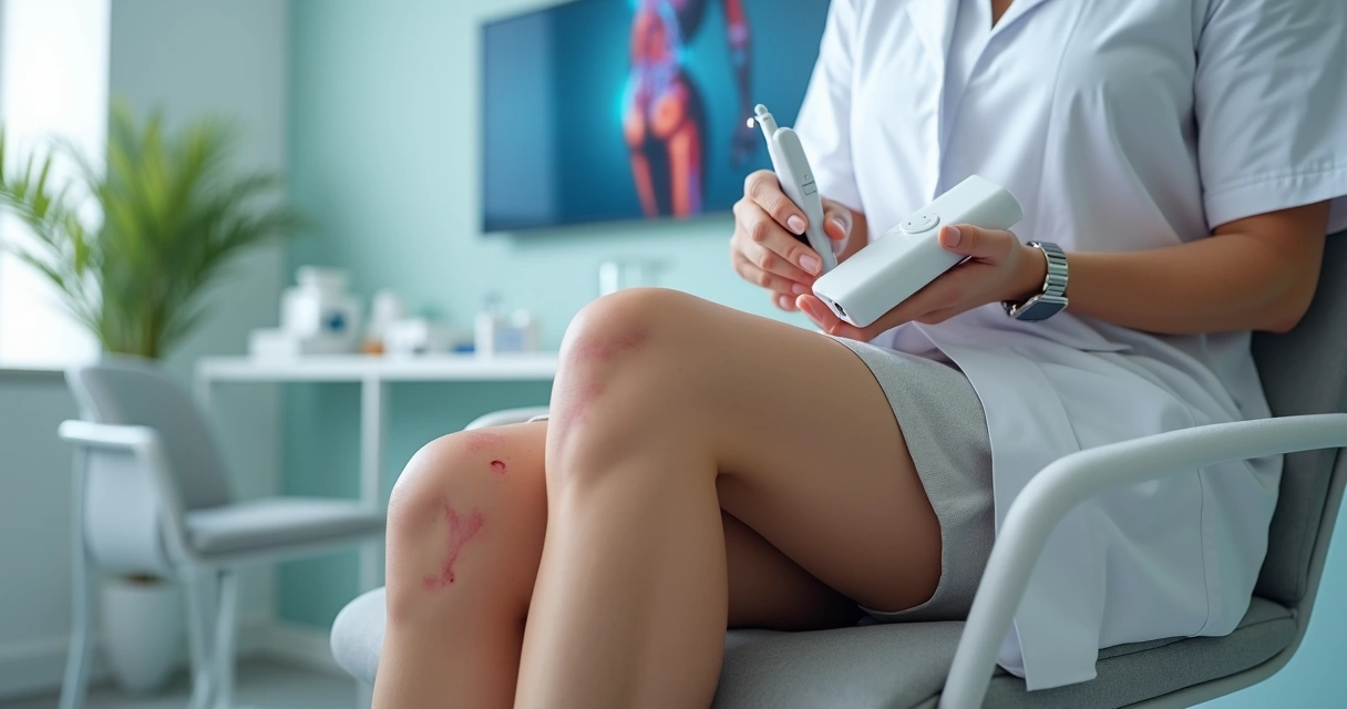 Profissional examinando de perto vasinhos nas pernas com luz e tecnologia moderna 
