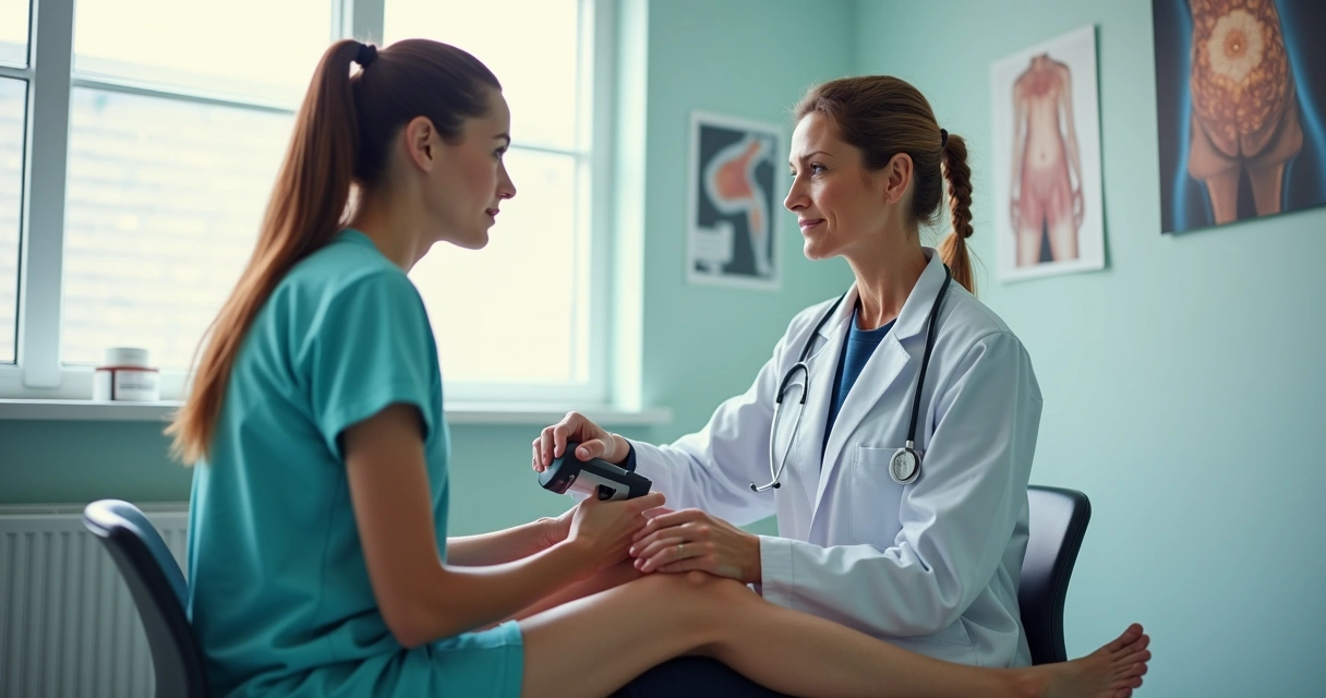 Exame vascular sendo realizado em perna feminina com vasinhos visíveis