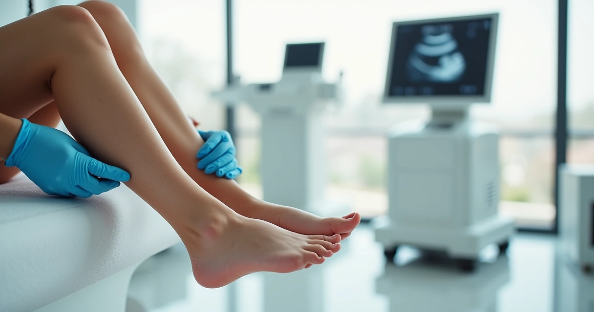 Pernas femininas com vasinhos aparentes recebendo avaliação vascular em clínica moderna 