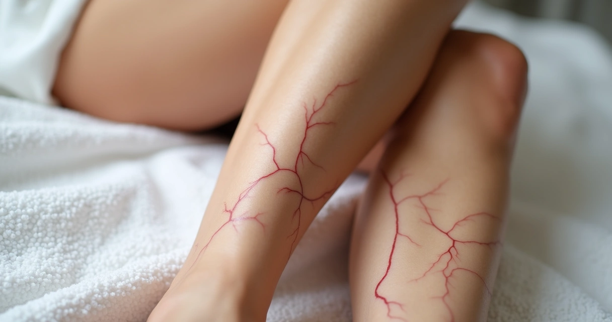 Telangiectasias avermelhadas e azuladas próximas ao tornozelo de uma mulher 