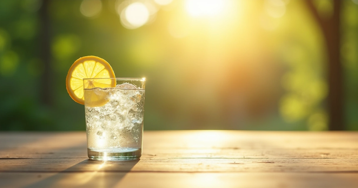 Vaso de agua con limón sobre una mesa de madera al amanecer