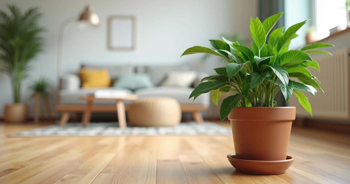 Vaso de cerâmica marrom com planta de sombra em sala iluminada indiretamente 