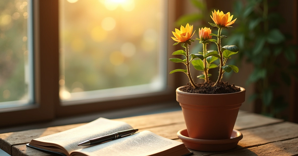 Vaso de flores douradas em janela iluminada com Bíblia aberta ao lado 
